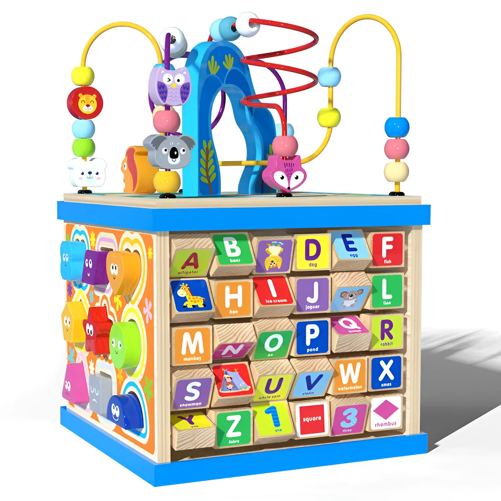 Blue wooden bead treasure box toy with multifunctional scenes for baby development