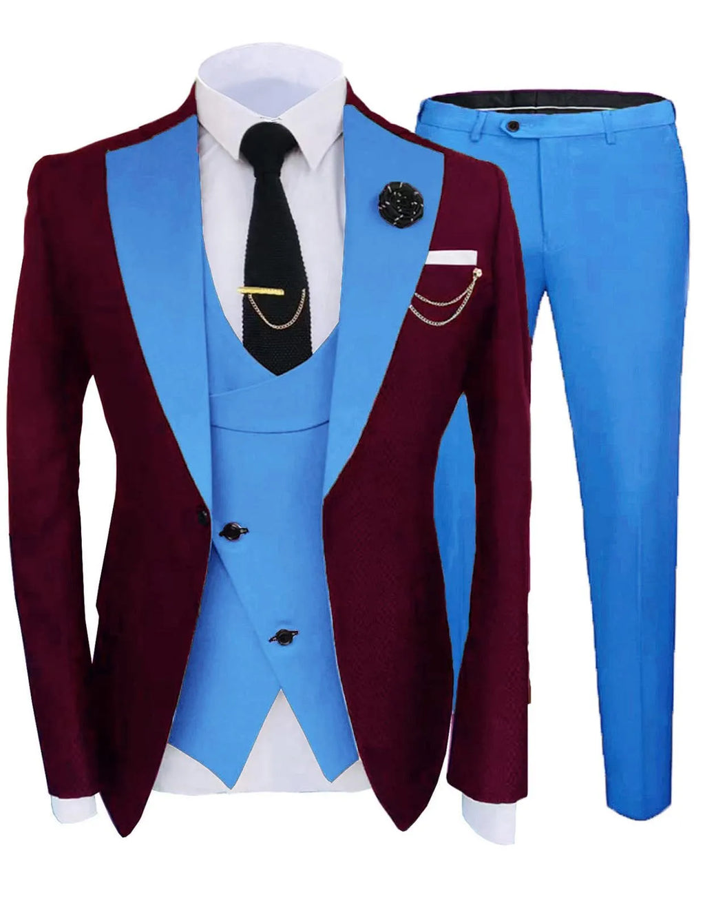 Men's slim fit cotton three-piece suit set with coat, trousers, and vest in wedding colours