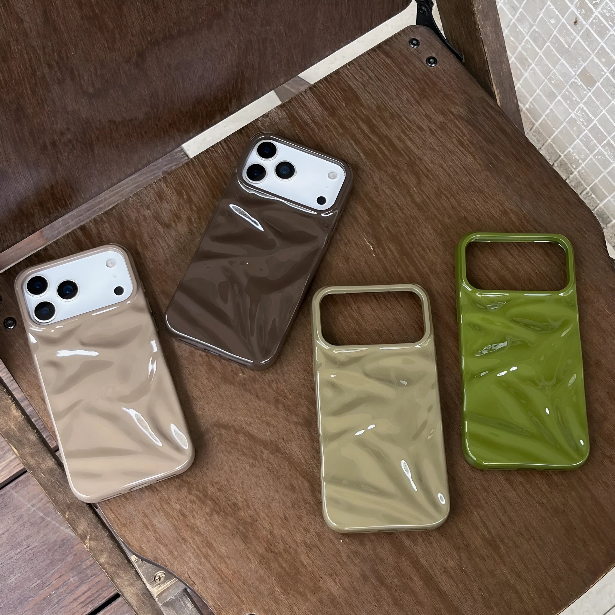 QF pleated TPU phone case in green for iPhone 15 Pro with three-dimensional textured pattern