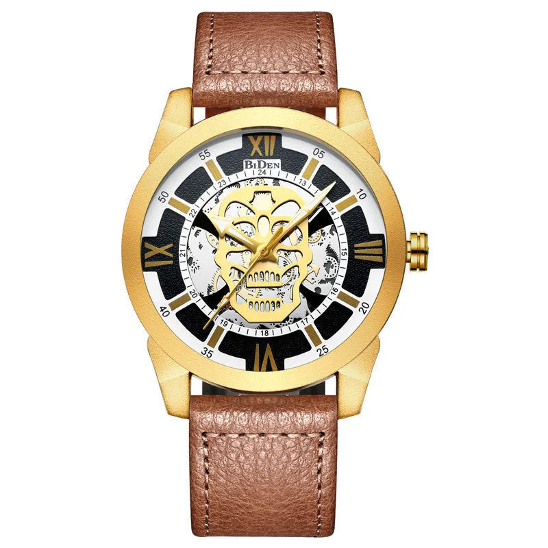 Biden men's hollow quartz watch with leather strap and calendar display