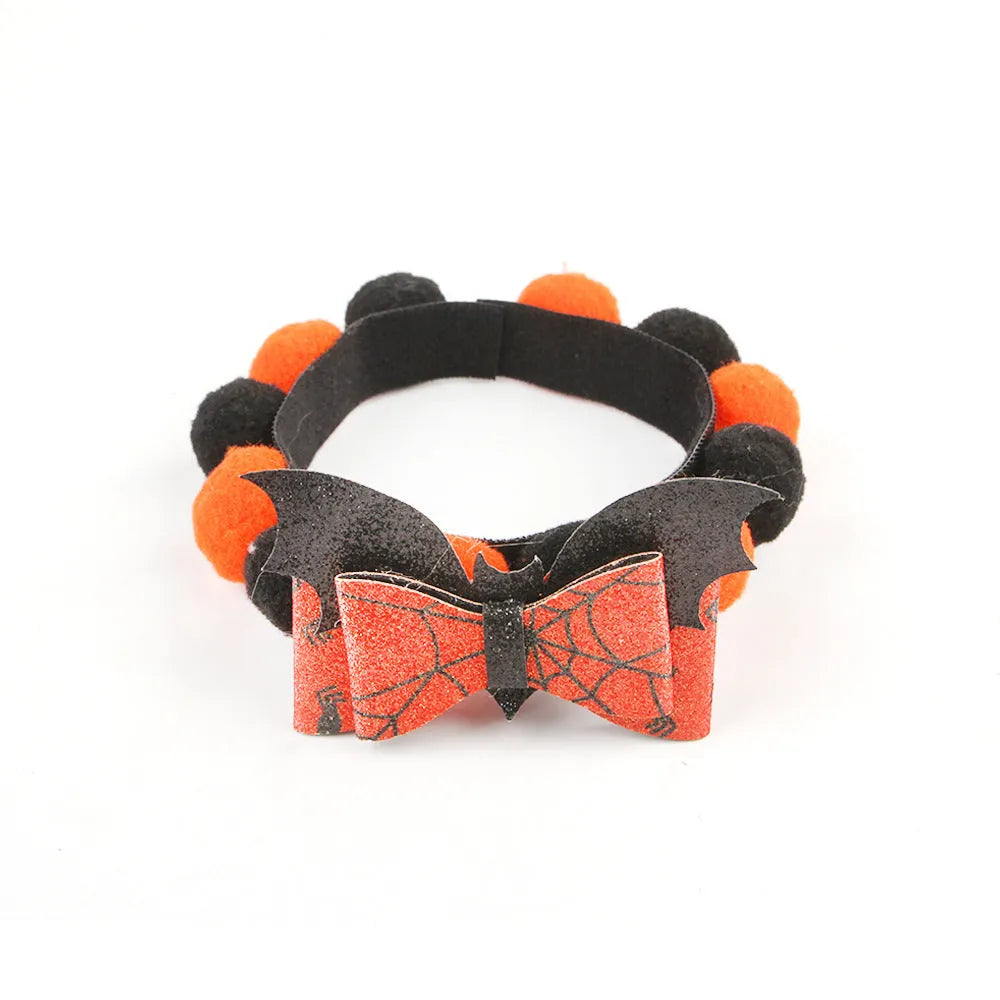 Halloween pet collar with fur ball decoration in pumpkin, pirate, bow, skull and witch designs