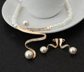Gold electroplated pearl necklace and earrings set with deep V clavicle design