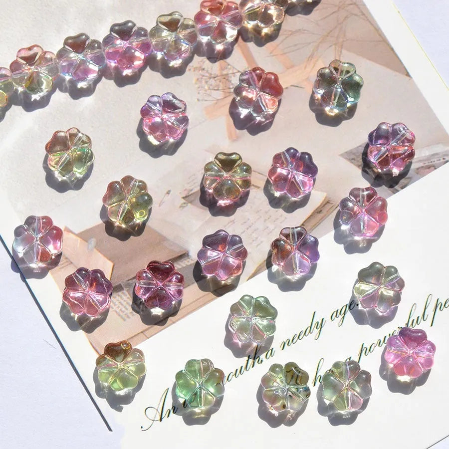 10mm gradient colour crystal glass beads in four-leaf clover shape with transparent iridescent electroplated finish