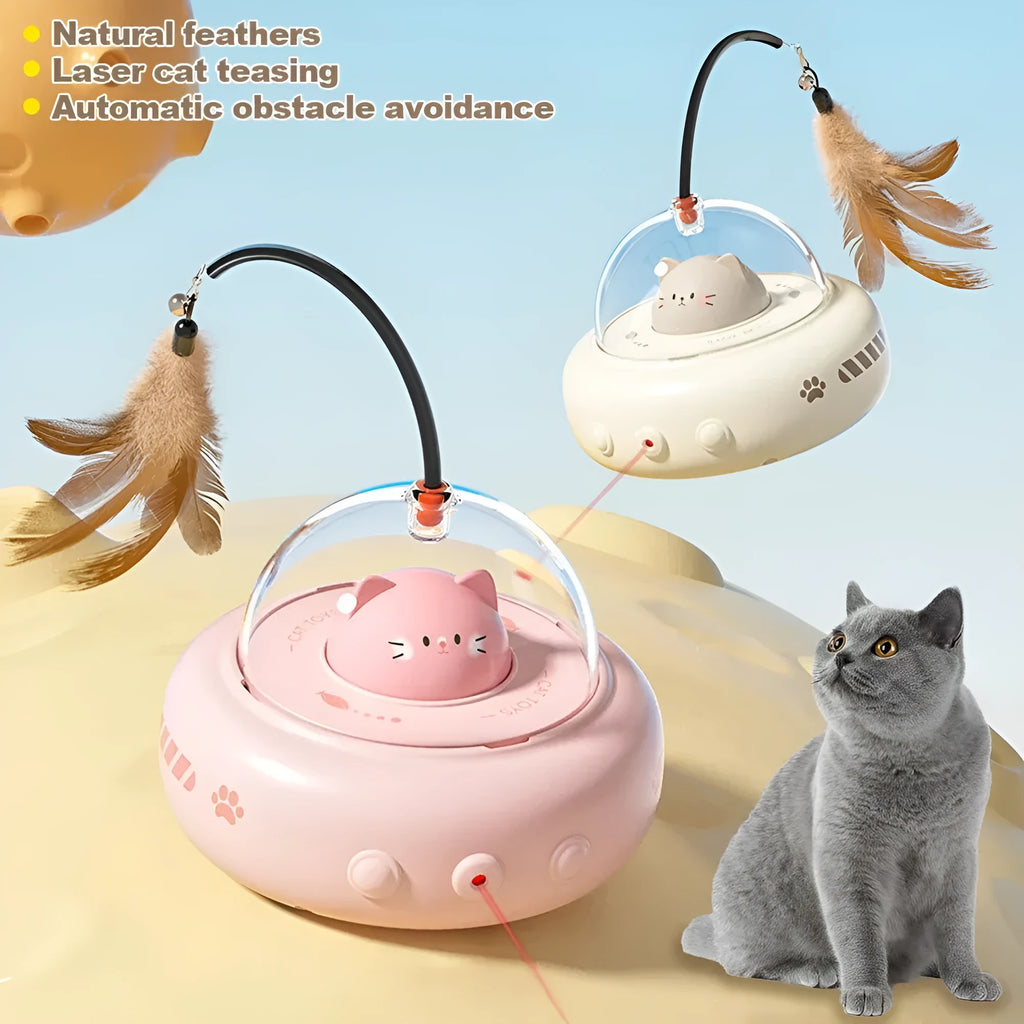 Electric UFO cat teaser toy with bell and replaceable feather in Milk Coffee colour