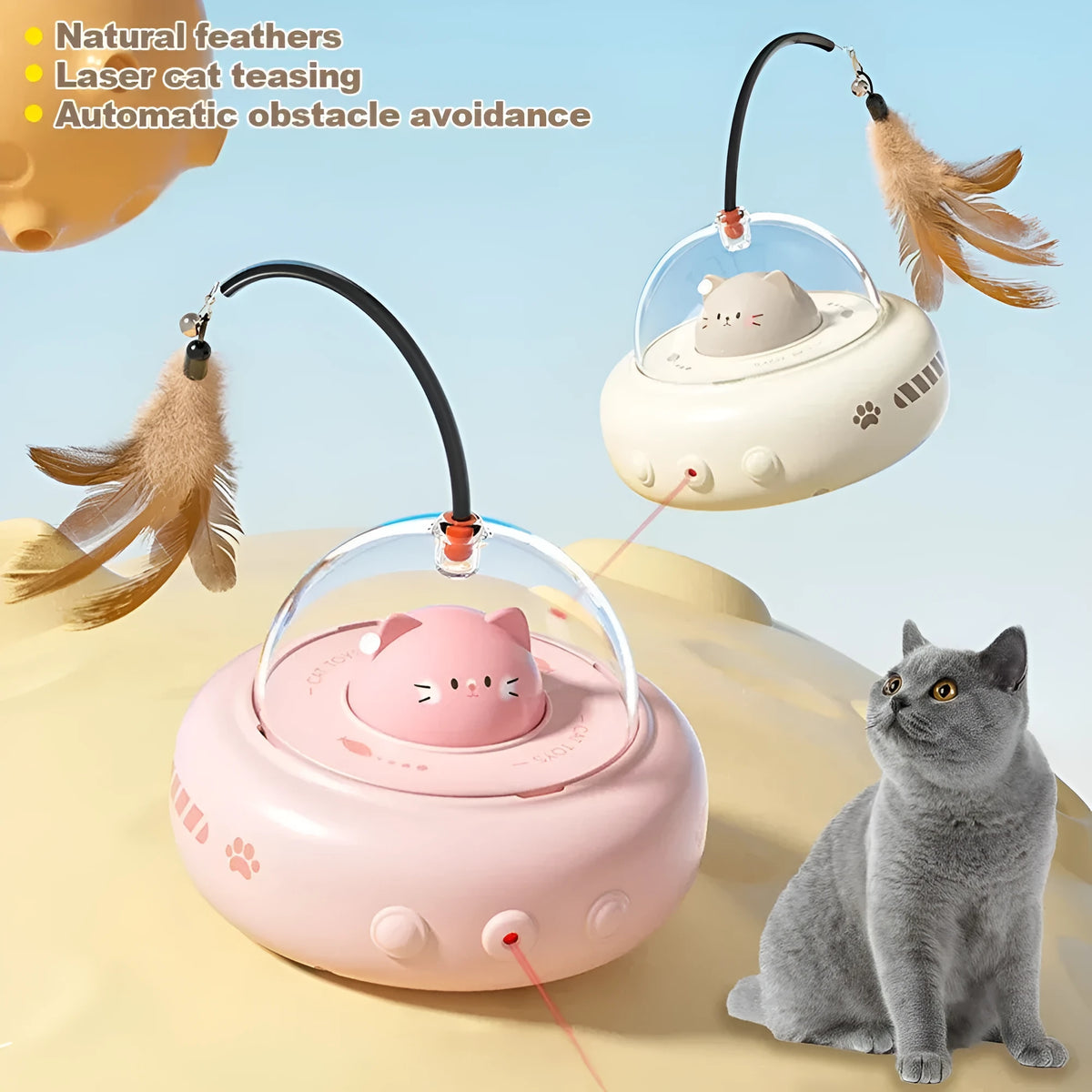 Electric UFO cat teaser toy with bell and replaceable feather in Milk Coffee colour