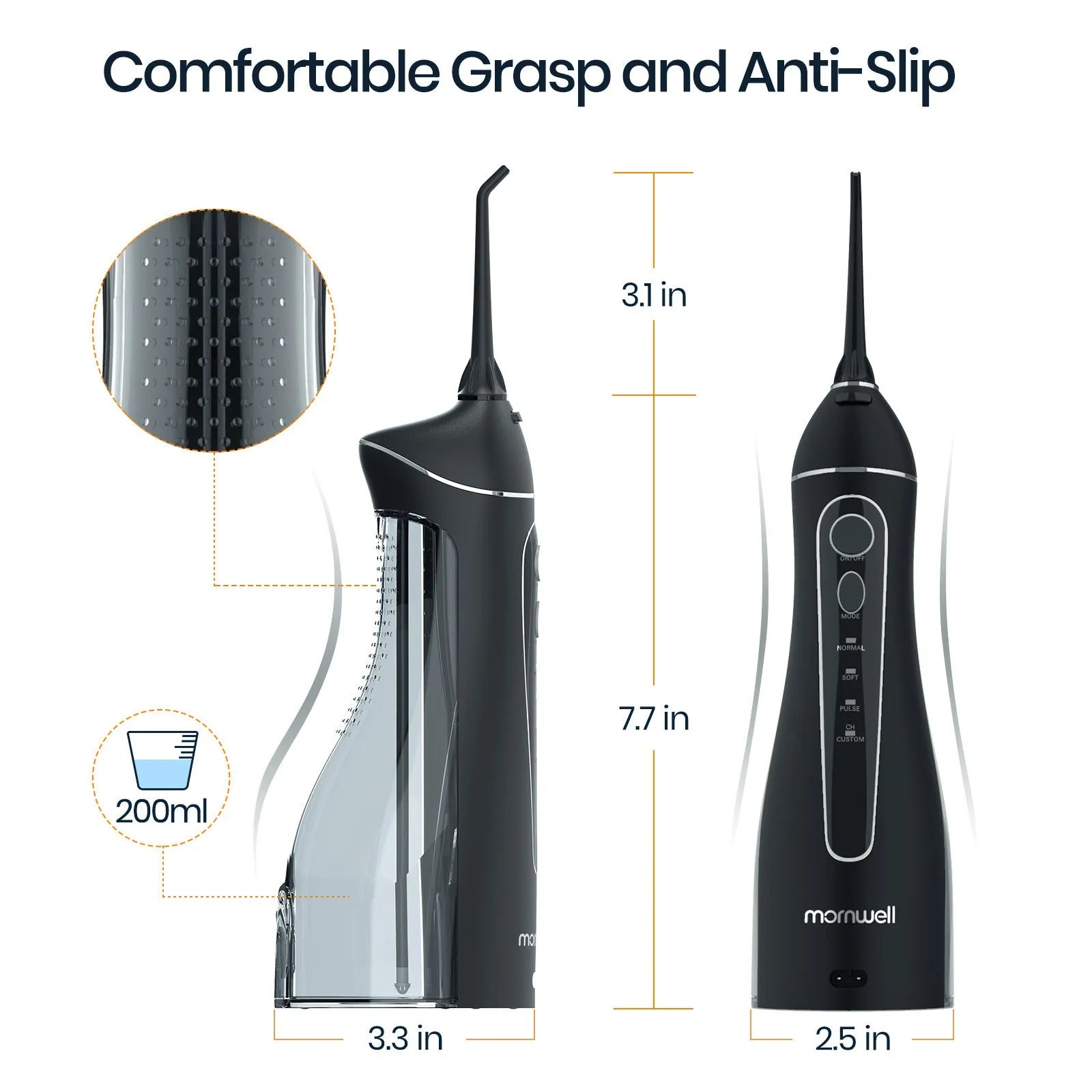 Black portable oral irrigator with water reservoir and nozzle for adult dental cleaning