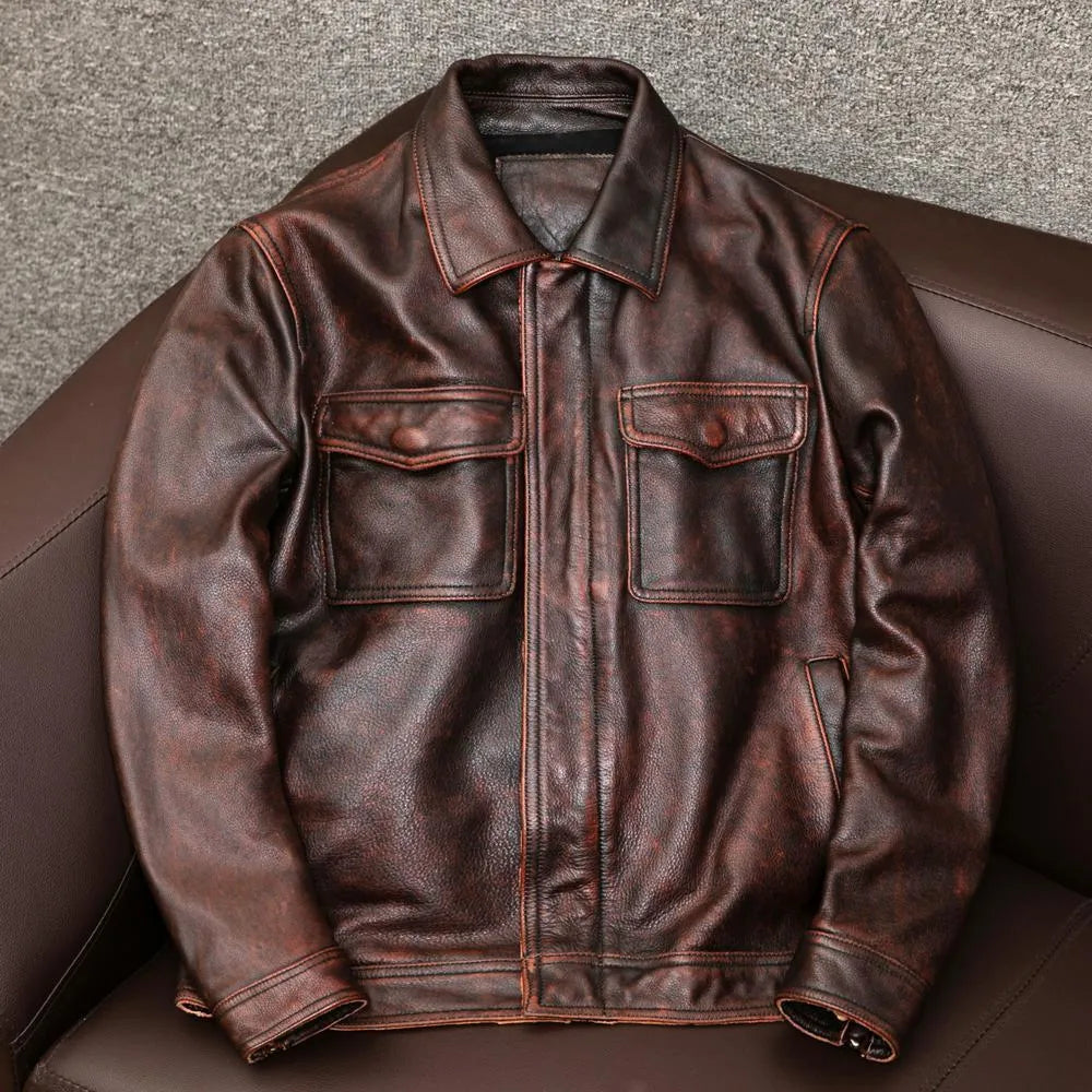 Men's brown plus size lapel leather jacket with side pockets on a hanger
