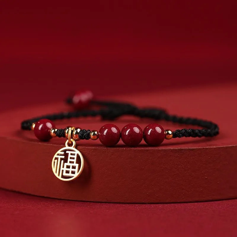 Cinnabar exam luck bracelet with braided rope in black, red or wine red with blessing card charm