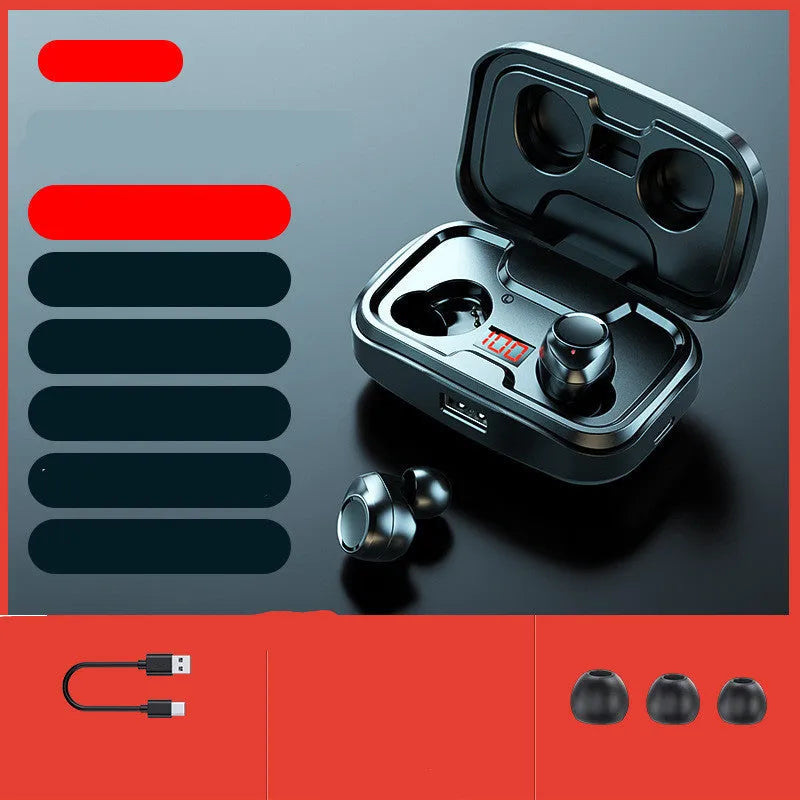Wireless in-ear earphones in black, blue, and red colours with a private mould design for Bluetooth music and calls.