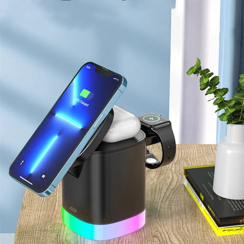 Black foldable 3-in-1 magnetic wireless charging station for iPhone, Apple Watch, and AirPods.