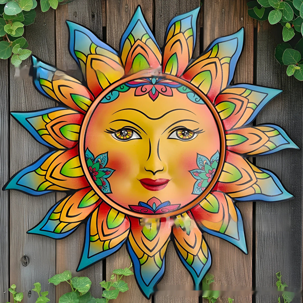 Round iron sun face wall hanging with sunburst design for indoor garden decor
