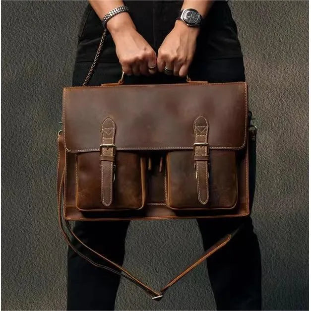 Top cowhide leather computer crossbody bag in business style with anti-theft function