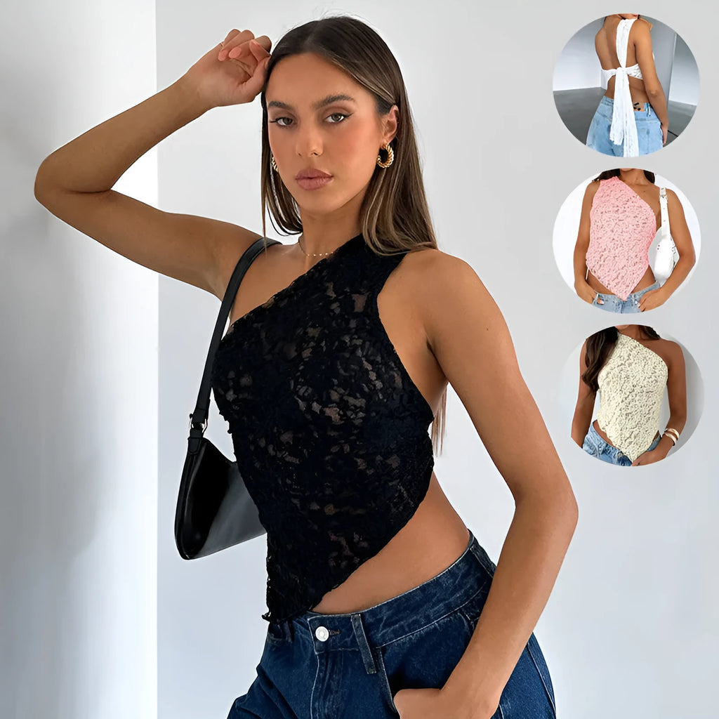Women's slim fit lace backless sleeveless vest in a solid colour with an asymmetrical neckline.