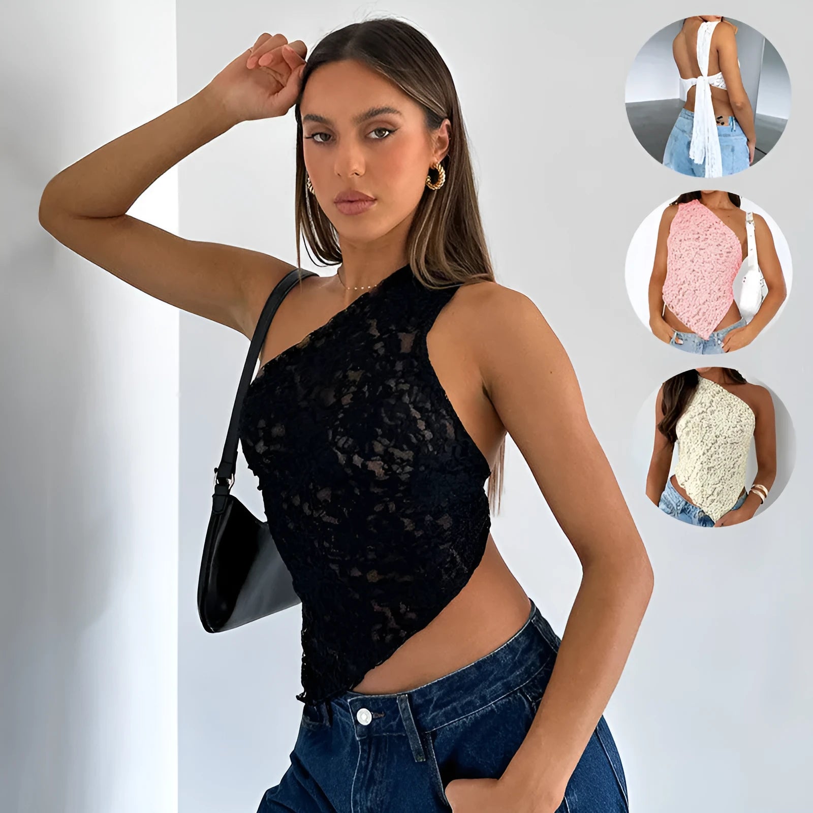 Women's slim fit lace backless sleeveless vest in a solid colour with an asymmetrical neckline.
