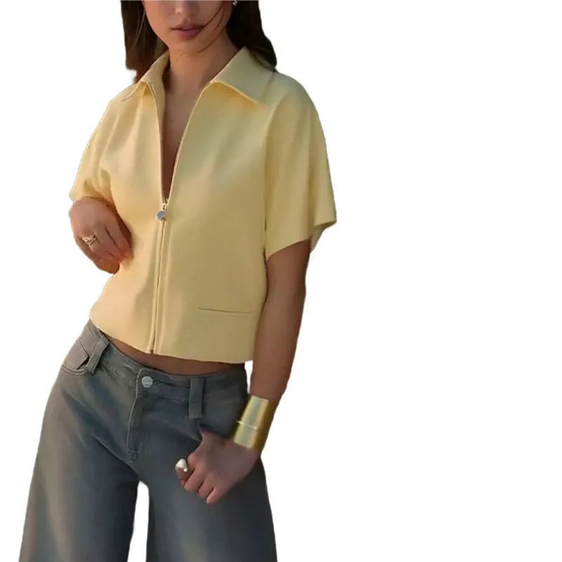 Loose-fit short-sleeve polyester casual top on a hanger in yellow.