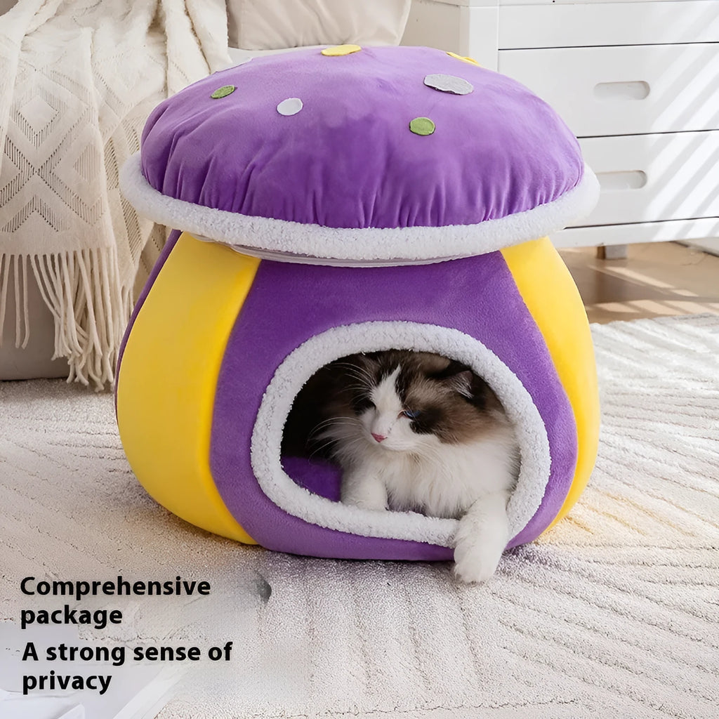 Grey plush mushroom-shaped cat bed with a high, padded rim and a cat curled up inside.