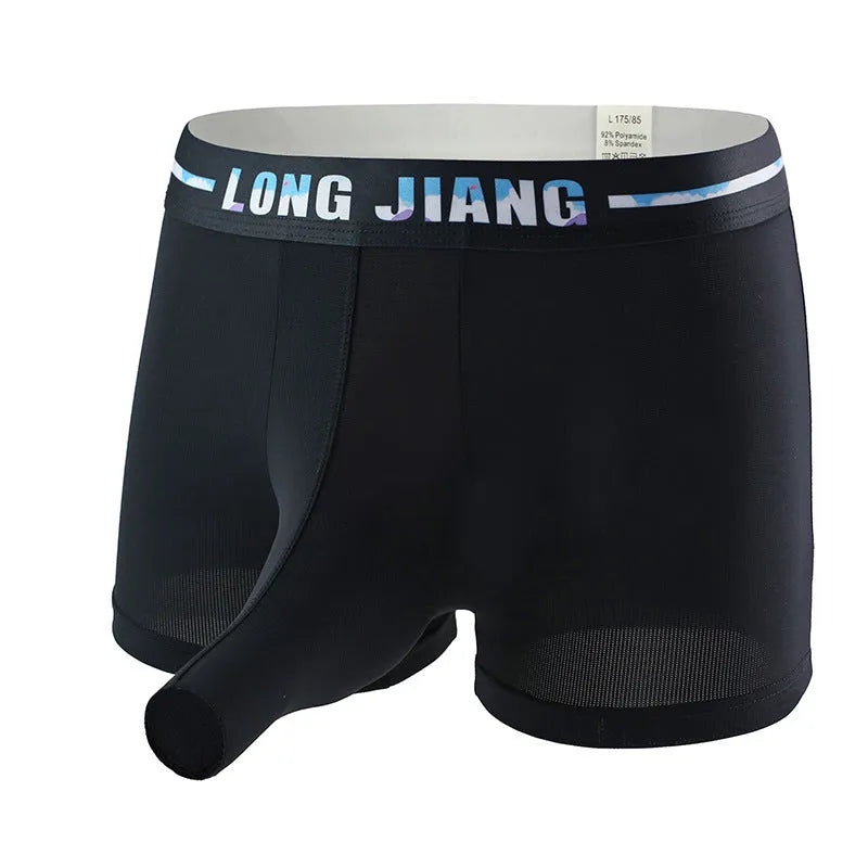 Men's ice silk boxer shorts in army green colour showing mid waist design and lightweight fabric texture.