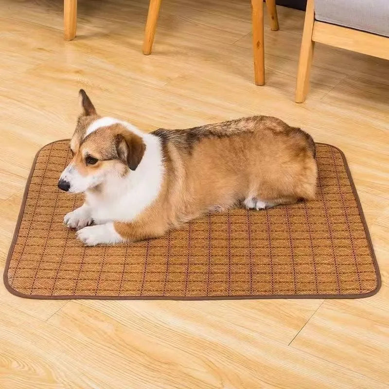 Brown woven rattan fibre dog cooling mat shown in a large size.