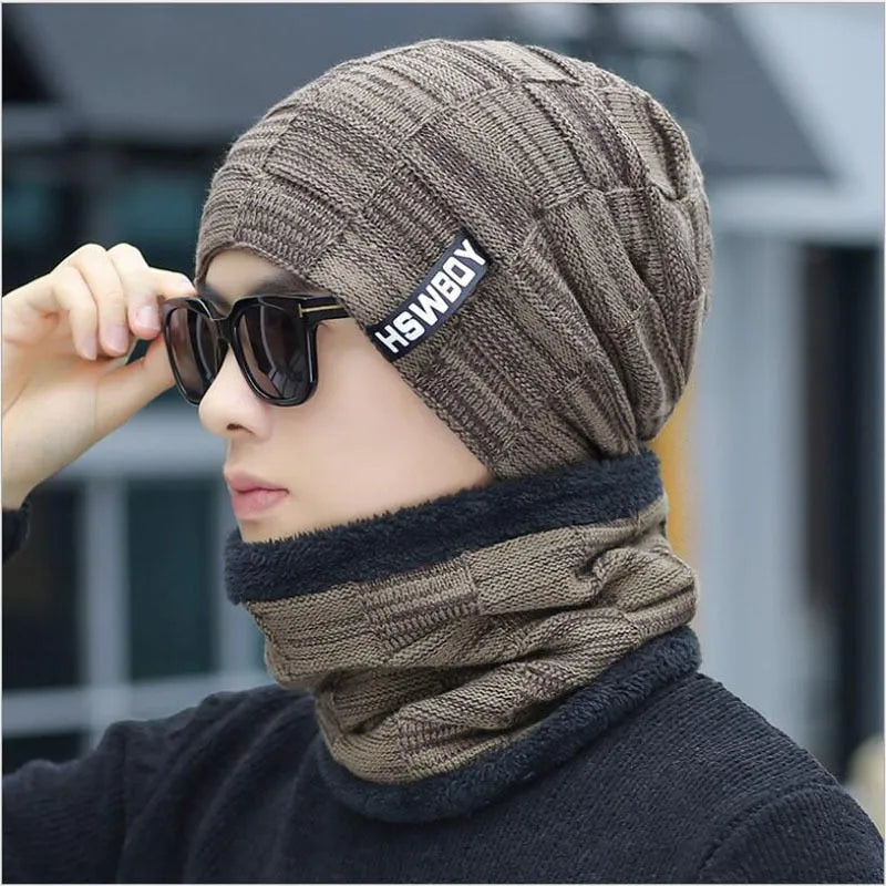 Cotton knitted hat with earflaps for men 2-piece set black grey khaki navy red warp knit satin finish