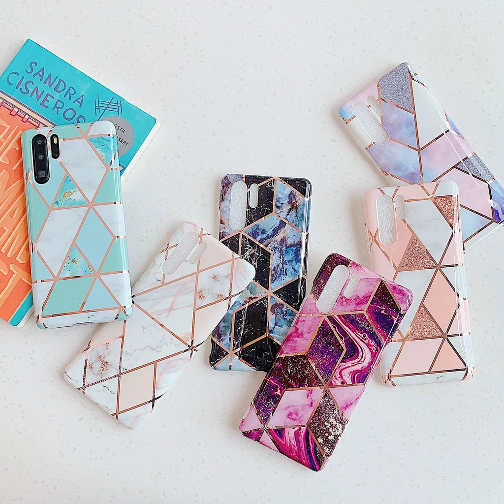 Electroplated marble finish TPU mobile phone case for Huawei and Samsung smartphones in various colours.