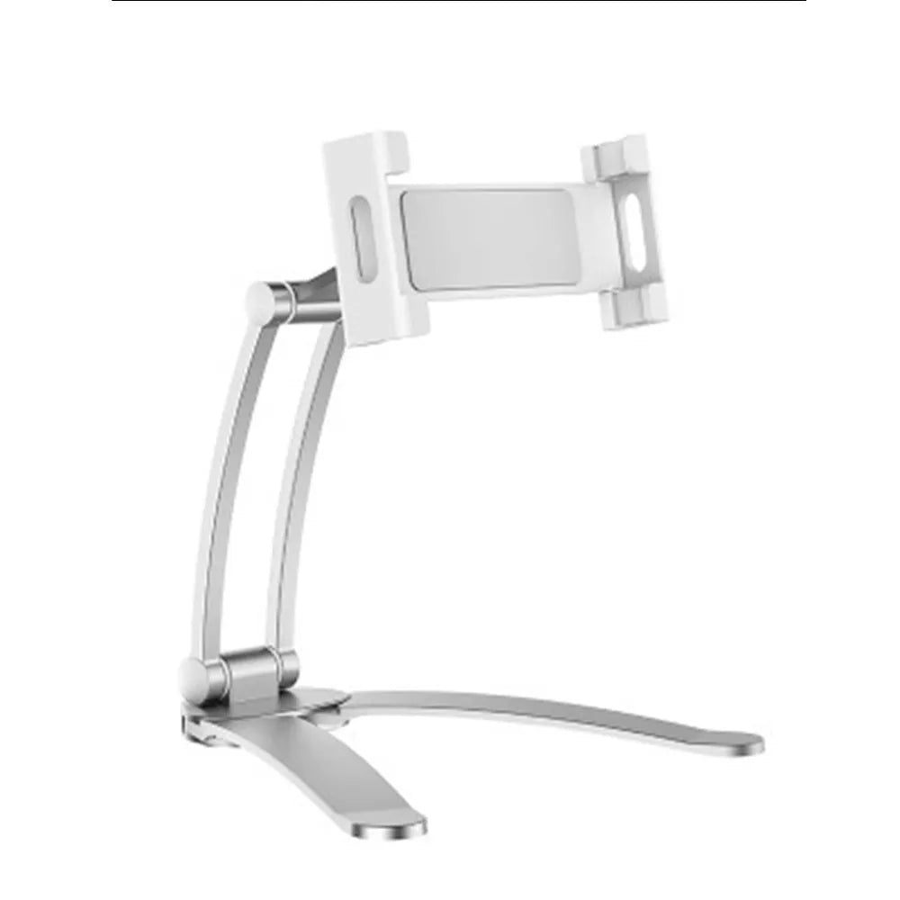 Silver aluminium alloy desktop tablet stand with adjustable clips and 360-degree rotation on a white mount.