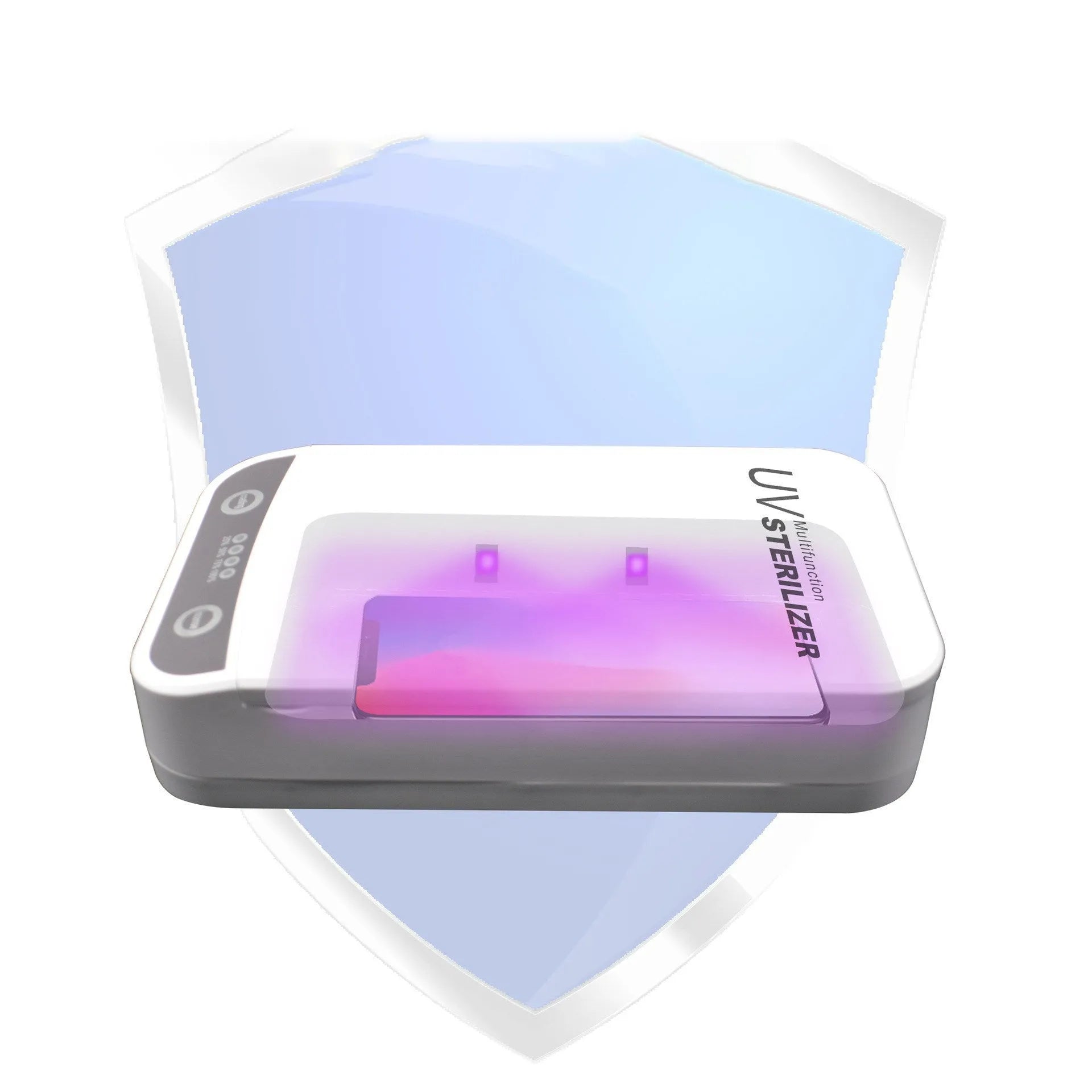 Compact white UV disinfection box with closed lid, showing scale next to a mobile phone.