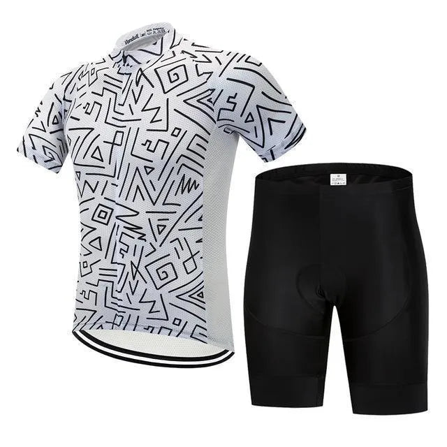 Cycling kit outline with black jersey and shorts on white background