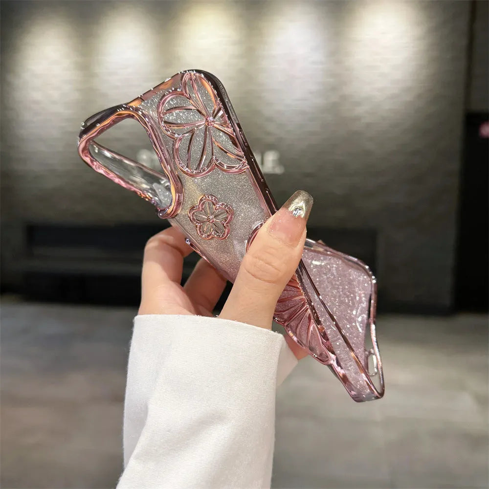 Electroplating glitter flower phone case soft TPU shell for Apple iPhone silver background