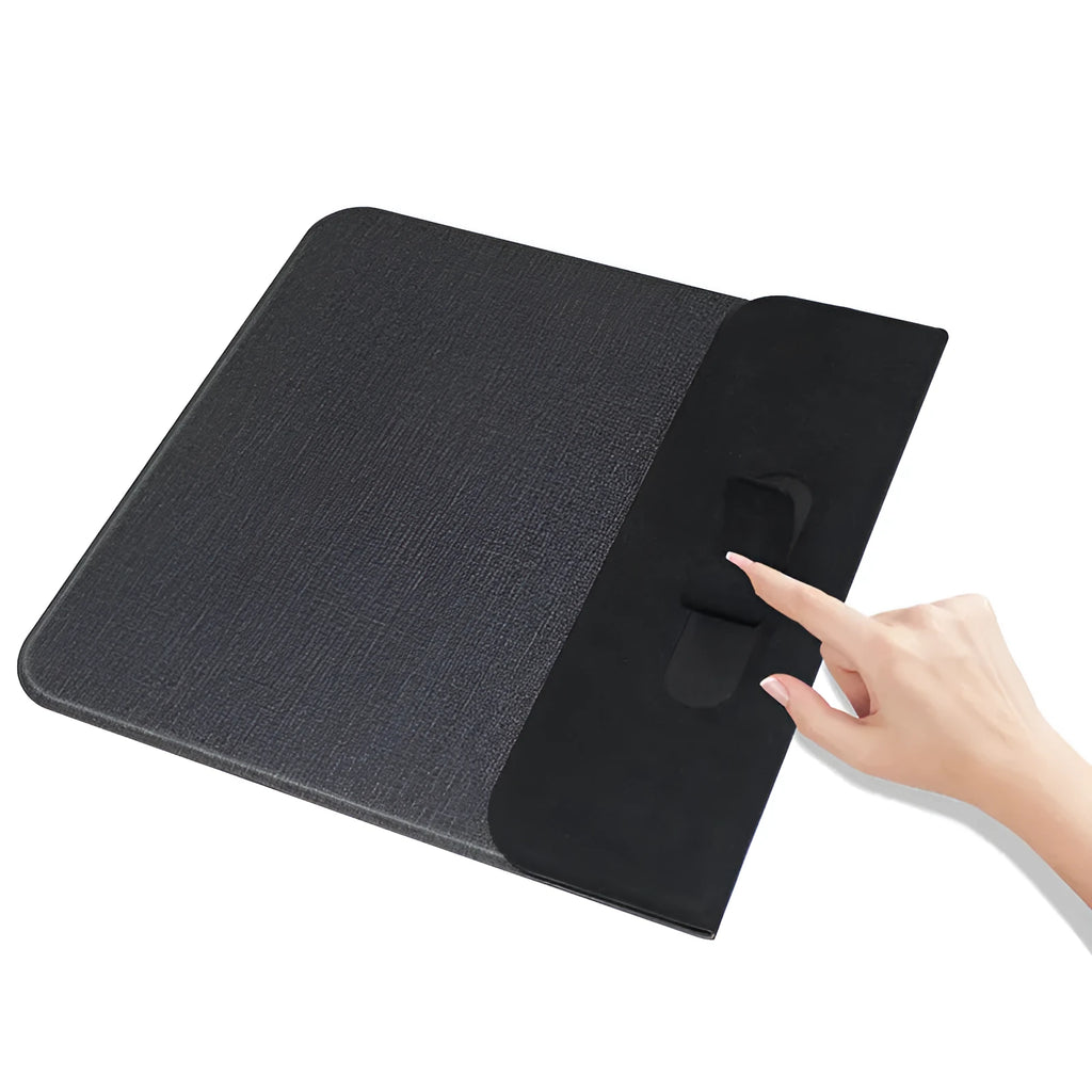 Black foldable cloth phone holder with integrated 10W wireless Qi charging pad.