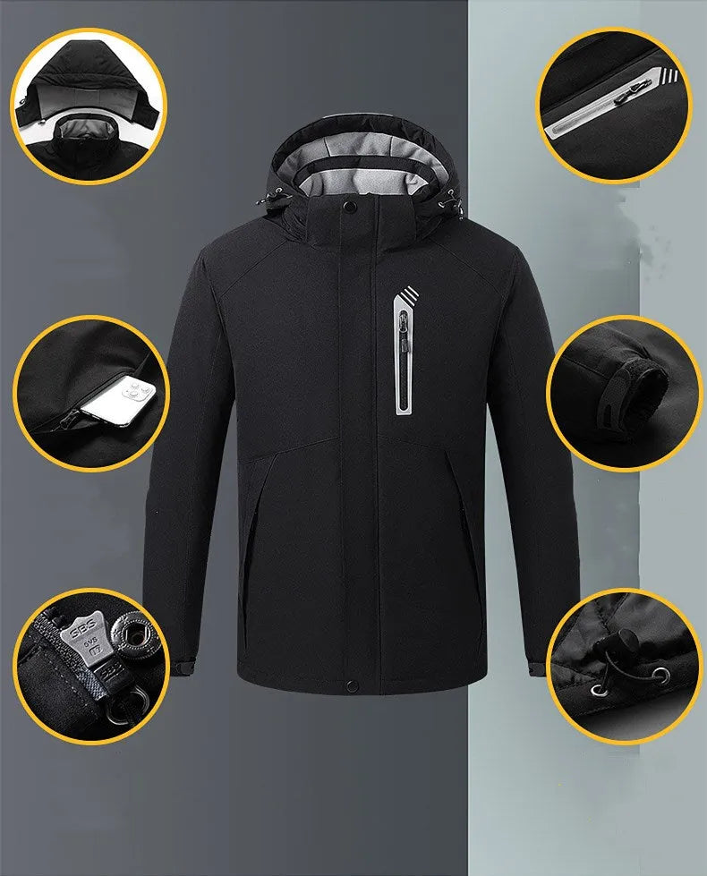 Smart thermostat heated jacket in Army Green, nylon spandex shell, polyester lining, sizes M to 5XL