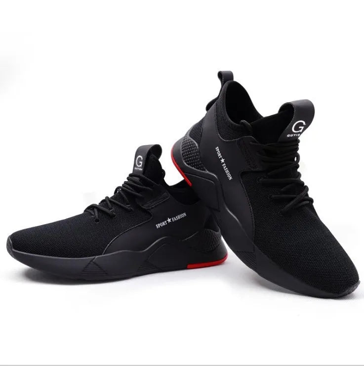 Steel toe work safety shoes with puncture proof mid-sole, mesh upper and rubber outsole in Black or Black red