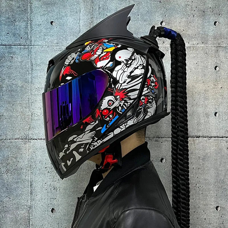 Dirty Braids full-face motorcycle helmet with graphic design options on an ABS shell.