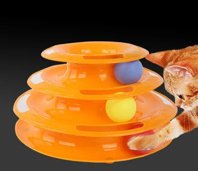 Interactive four-layer cat turntable toy with ball tower tracks, plastic, 16x29cm, in pink, blue, or orange