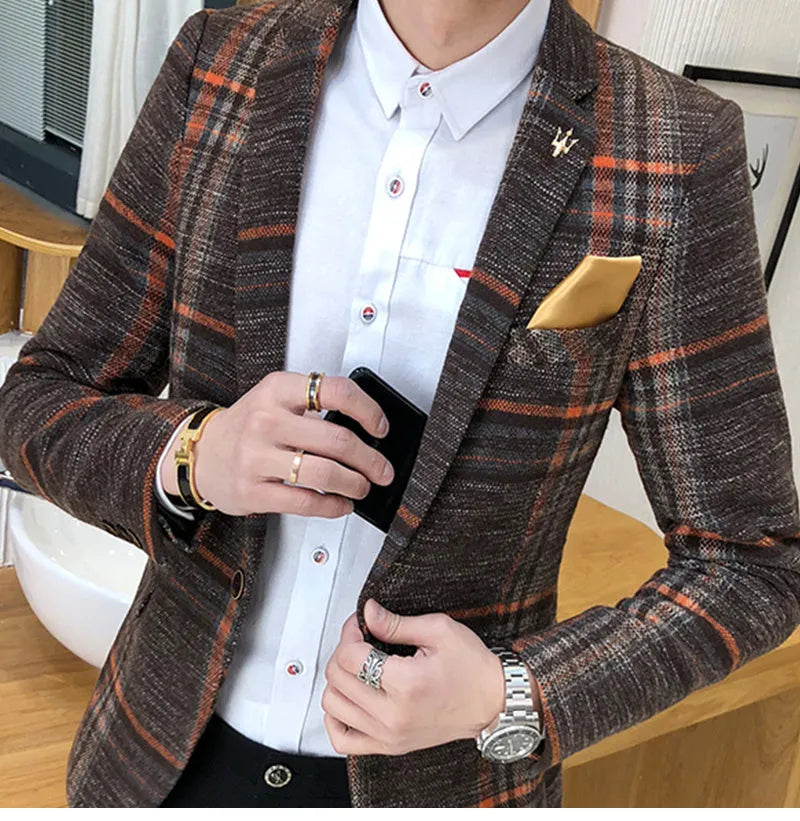 Men plaid slim fit polyester blazer in coffee colour with lapel collar and two-button front