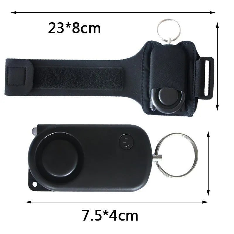 Runner Personal Alarm with LED flashing light and adjustable black wristband on white background
