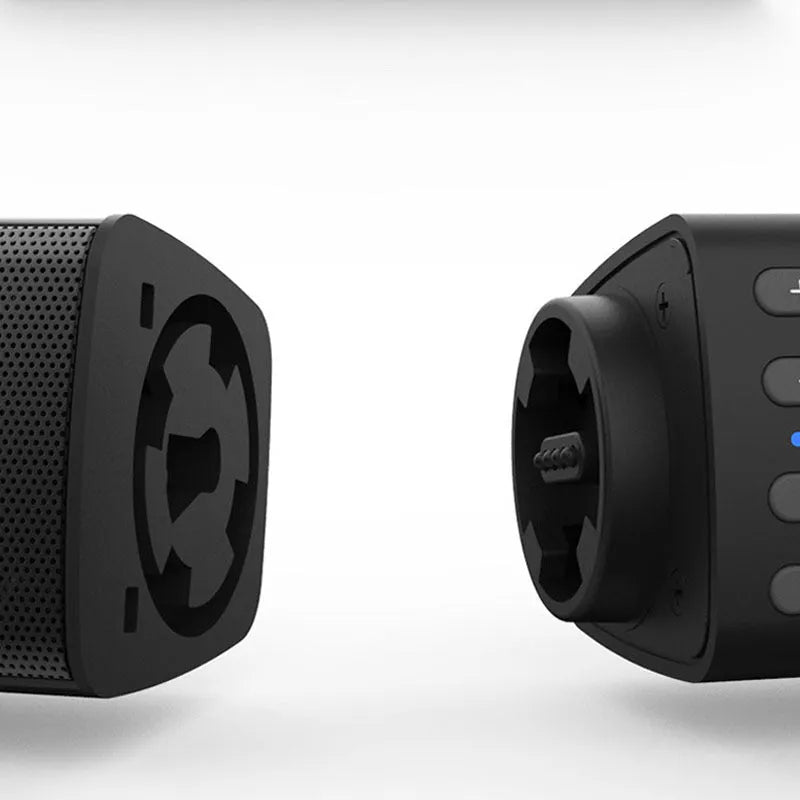 Black foldable split TV Bluetooth speaker showing dual speaker units and control buttons