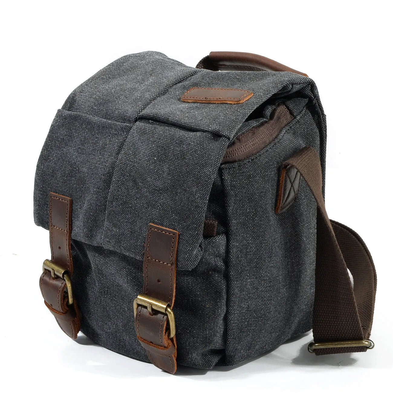 One-shoulder retro waterproof canvas camera bag for Canon SLR in dark grey with side pocket