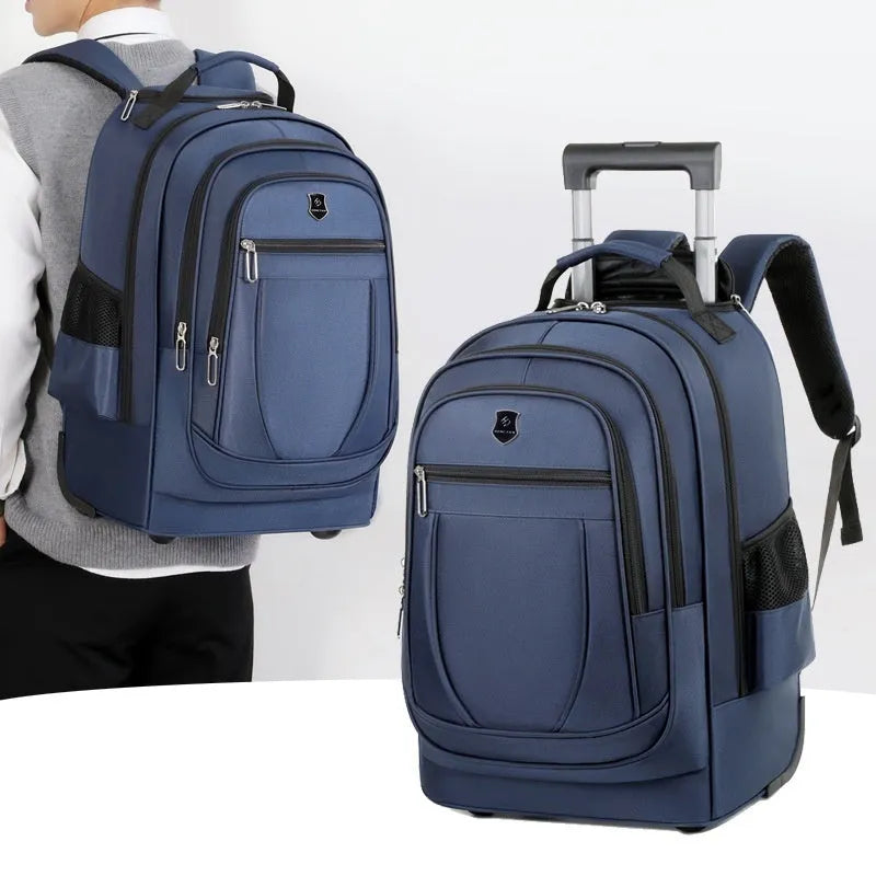 Large capacity drawbar Oxford cloth backpack in black with visible sewing thread, breathable back panel, and air pillow belt system