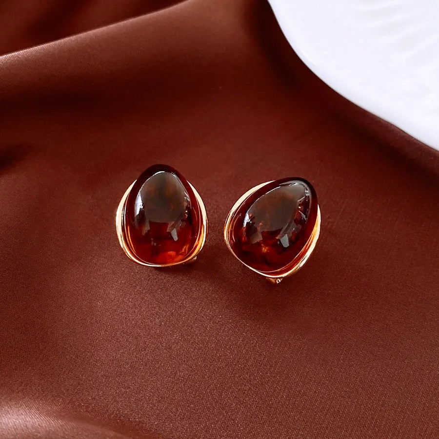 Amber water drop ear studs and ear clip in silver needle coffee colour with real gold plating