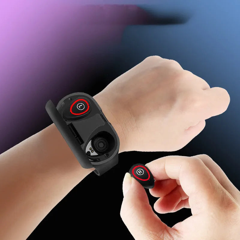 Blue smart bracelet with integrated Bluetooth earphones showing 1 inch display screen on silicone wristband