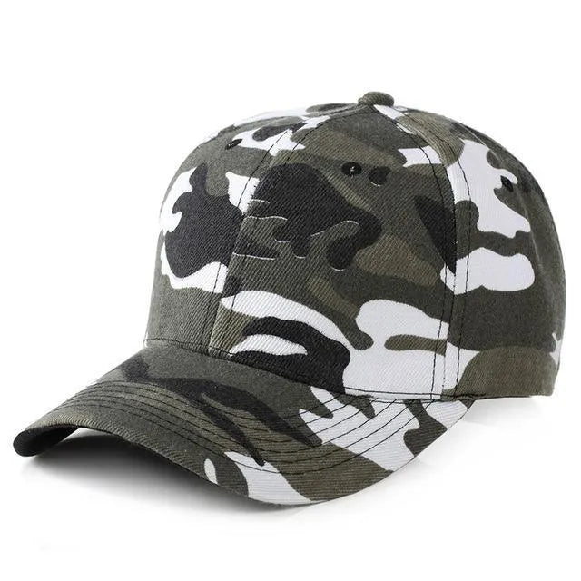 Camouflage baseball cap with wide brim and flat eaves in green and grey plain weave fabric