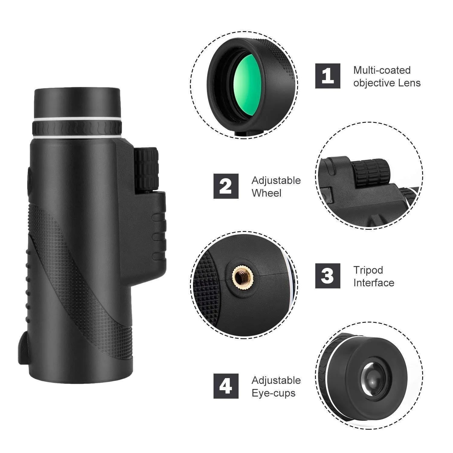 Black 40x60 monocular telescope with mobile phone attachment for photography on a table.