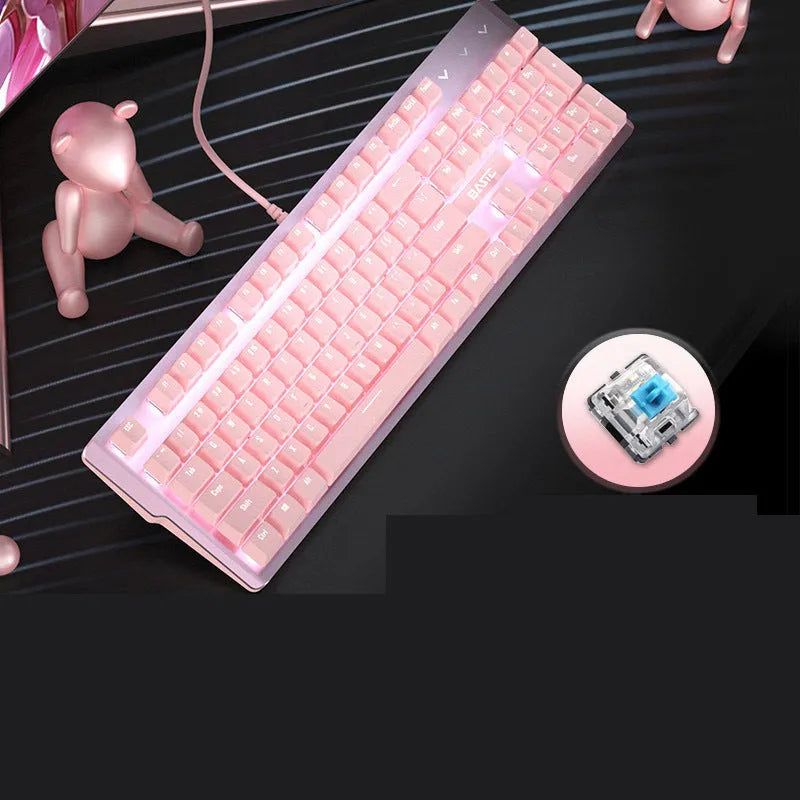 Pink coloured mechanical keyboard with 104 keys, showcasing choice of black, green, or red mechanical switches.