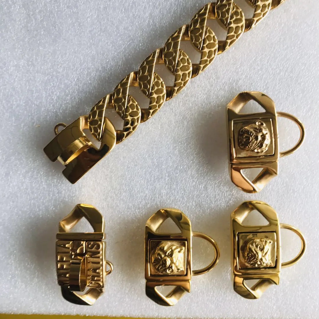 Stainless steel P chain dog chain with welded ring links in gold finish, 32mm width, size S to 3XL