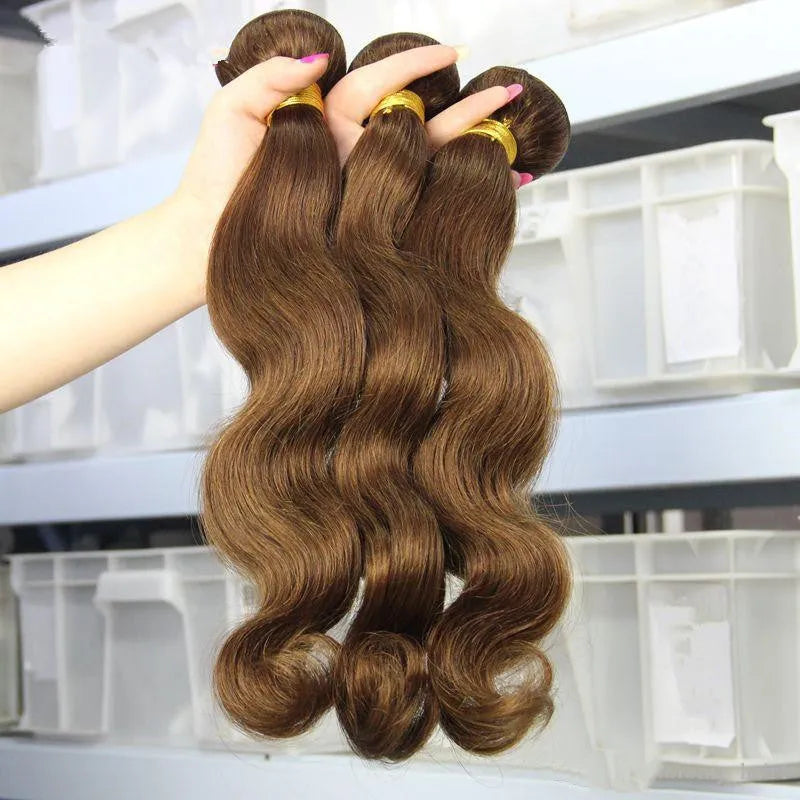 Human hair hood wig for ladies in brown colour, long length 12 to 26 inches, machine-made with high-grade hair shade bang
