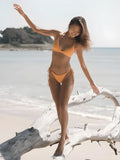Yukari orange three-point split bikini for women with gather detail on small chest top and adjustable straps