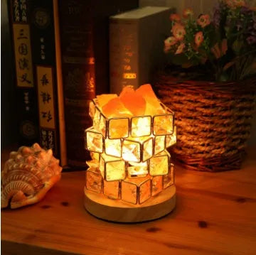 Himalayan crystal salt lamp with wooden base and dimmable switch, pink and orange rock salt, 220V, UK plug