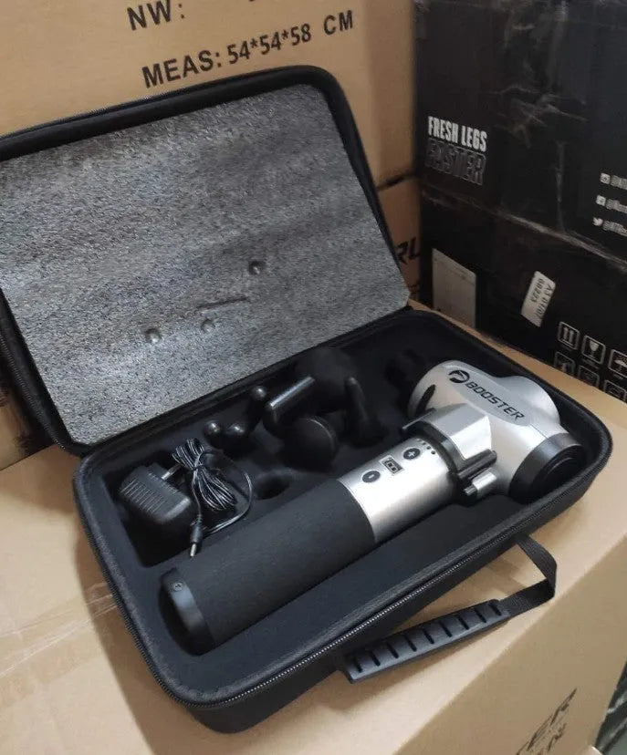 Black and white cordless massage gun for muscle relaxation with adjustable speed settings.