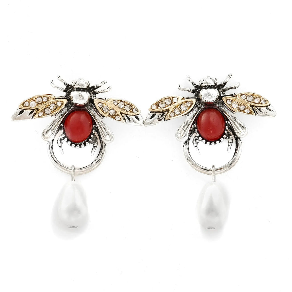 Retro bee drop earrings in alloy with regular chain, shown in gold or antique white K for women