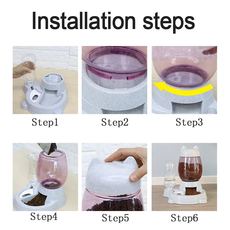 Automatic pet feeder drinking fountain with grey colour, 528ml water bottle and 2.21L bucket, 26cm length